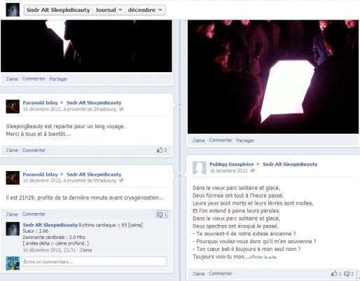 Capture d'écran du profil facebook de Sleeping Beauty le 16 décembre 2012 à l'Osophère.