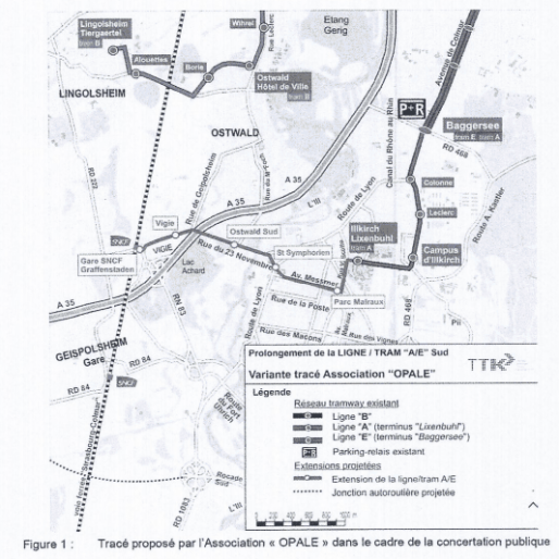 Le tracé de l'extension du tram A proposé par l'association Opale (Ostwald Protection et Amélioration de l'Environnement)