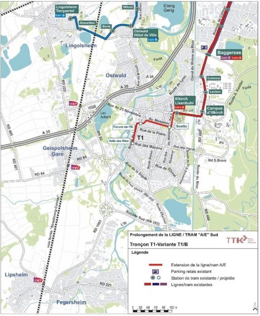 Le tracé de l'extension du tram A soutenu par la CUS (doc mairie Illkirch-Graffenstaden)