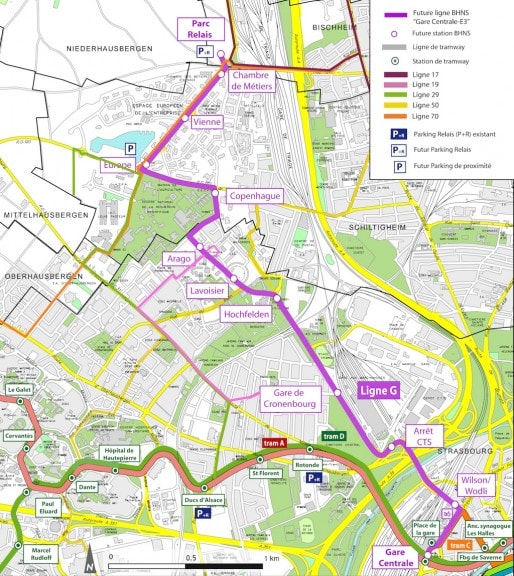 Tracé du BHNS de Strasbourg, appelé ligne G et intégrée dans le réseau tram (document CUS)
