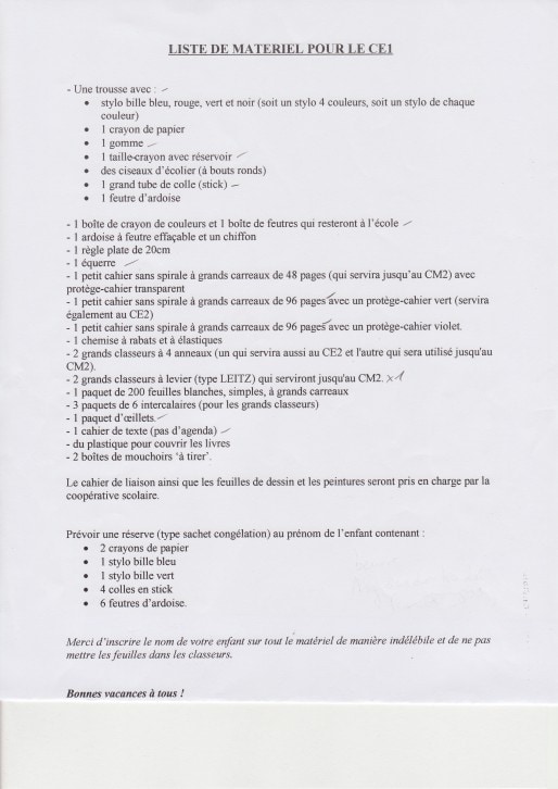 Liste des fournitures pour la classe de CE1 (Fabien Gattelet / Rue89 Strasbourg)