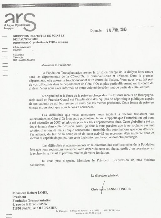 La lettre qui demande à Robert Lohr de sortir de la dialyse envoyée par l'ARS Bourgogne. (doc Rue89 Strasbourg)
