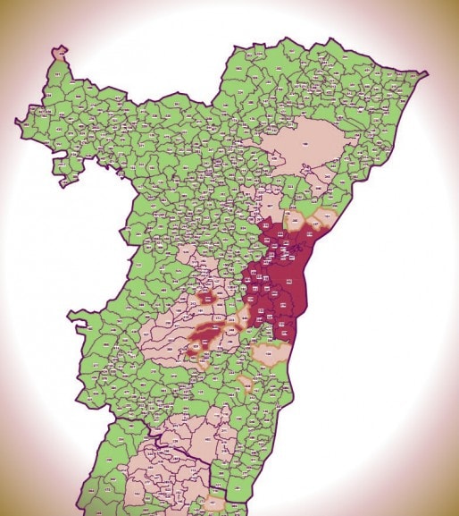 La carte du zonage 2009. En rouge vif, les zones B1, en rouge clair, les zones B2. (doc remis)
