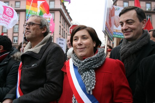 Philippe Bies, Pernelle Richardot et Alain Fontanel manifestent pour le mariage gay - janvier 2013 (Photo MM / Rue89 Strasbourg)