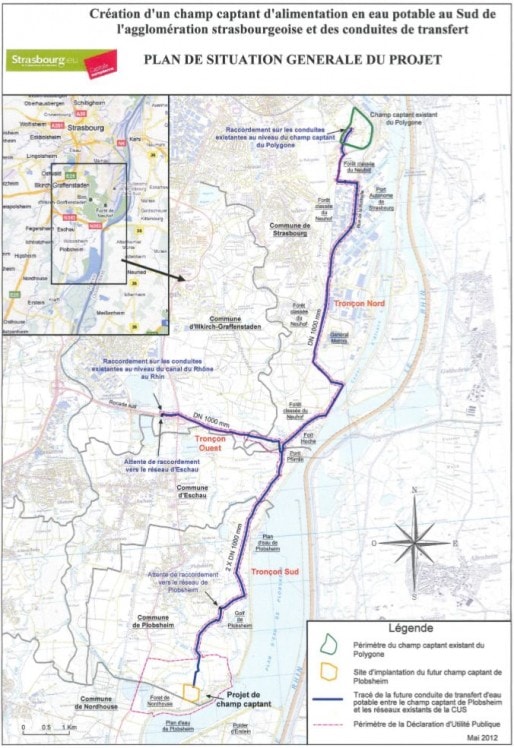 Le trajet prévu du nouveau réseau de secours en eau potable entre Plobsheim et le Polygone (doc CUS)
