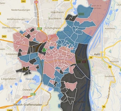Carte des bureaux de vote strasbourgeois - cliquez pour voir le détail. 