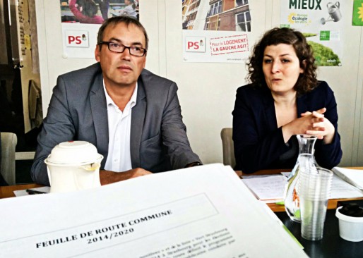 Philippe Bies (PS) et Jeanne Barseghian (EELV) côte à côte... L'avenir dira si cette image est rare ou pas (Photo PF / Rue89 Strasbourg / cc)