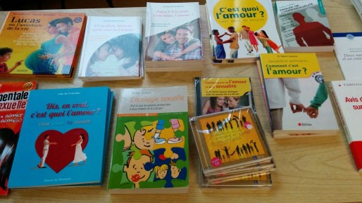 Livres proposés à l'achat lors de la soirée VigiGender. La sexualité, et comment en parler, reste le thème prédominant (Photo PF / Rue89 Strasbourg / cc)