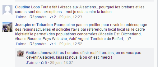 extrait du groupe Facebook ''Non à la fusion Alsace-Lorraine''
