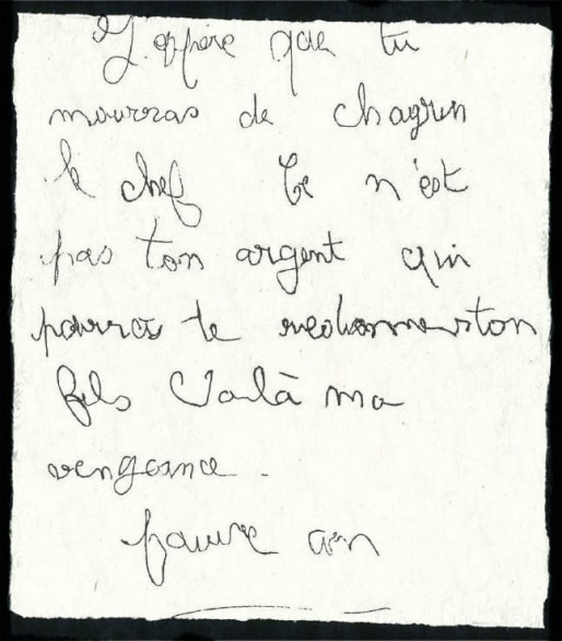 Lettre du corbeau envoyée aux parents Villemin suite à la mort de leur fils Grégory le 16 octobre 1984. (doc remis)