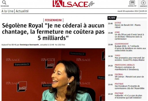 La ministre de l'Écologie, Ségolène Royale, conteste le coût annoncé de la fermeture de Fessenheim en 2016. 