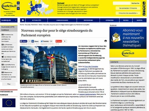 La Cour des comptes européennes estime à 616 millions le coût d'un établissement du Parlement européen à Strasbourg (capture d'écran Euractiv)