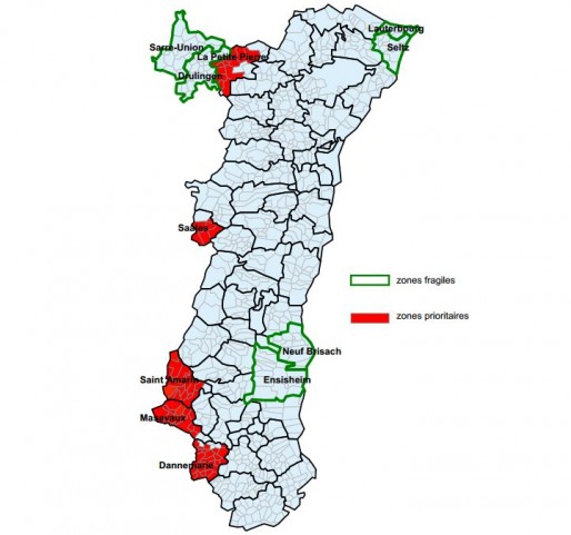 Les zones qui manquent de médecins généralistes en Alsace d'après l'Agence régionale de santé (document ARS)