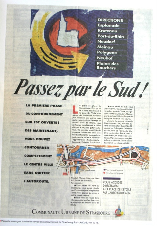 Publicité de la CUS à l'occasion de l'ouverture à la circulation du contournement sud en 1992 (Source : "Neudorf, nouveau village, nouvelle ville", Archives Ville et CUS)