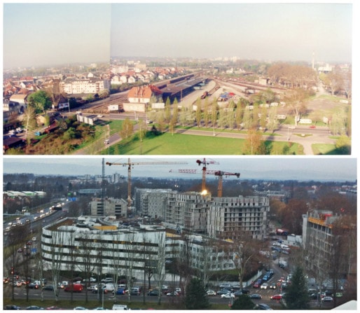 En haut : sud du Heyritz / nord du Schluthfeld, où était située la gare de marchandises de Neudorf jusqu'en 1985 (Récup. photo Ecocité Strasbourg). En bas : Hôtel de police et quartier du Heyritz en construction - automne 2012 (Photo Marie Marty)
