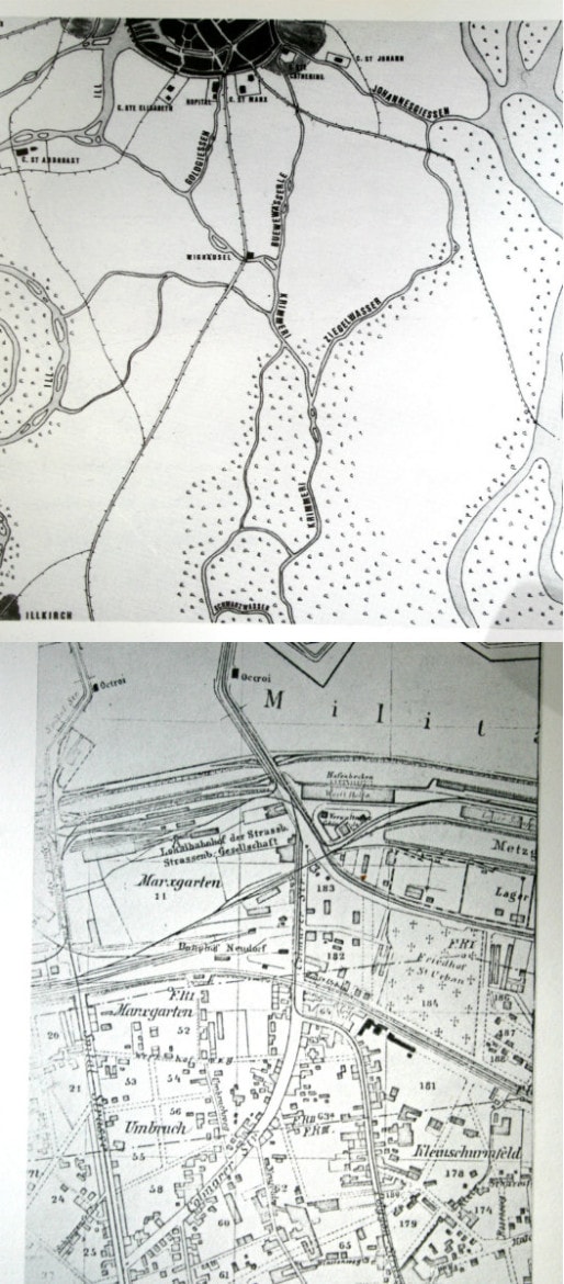 Plan du haut : la route de l'Hôpital au XIIIème siècle. Plan du bas : la route en 1875 - on y découvre l'enchevêtrement de voies ferrées au nord (in "Aspects des faubourgs", Georges Schwenk)