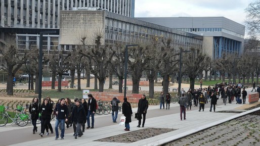 Des étudiants en marche vers le Conseil d'administration pour y faire une déclaration avant sa tenue (Photo JFG / Rue89 Strasbourg)