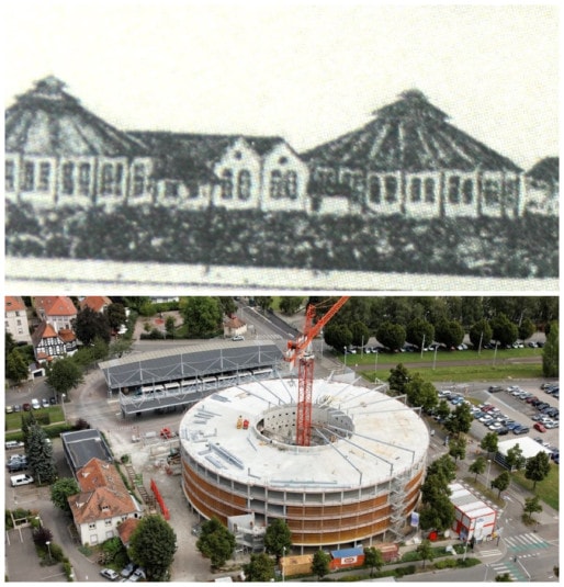 En haut, les rotondes du chemin de fer implantées en 1840 (in "Les faubourgs de Strasbourg", G4J, 2003), en bas, la construction du parking-relais de la Rotonde (Archi-Strasbourg)
