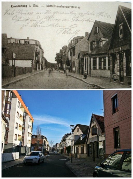 A droite, l'ancienne épicerie Burger a laissé la place aux pompes funèbres Obrecht. En face, les bâtiments centenaires ont été démoli pour construire du collectif récent (en haut, in "Les faubourgs de Strasbourg", en bas, photo MM)