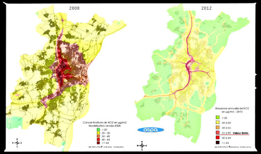 Entre 2008 et 2012, les zones en dessous des pics d'alerte ont considérablement diminuées (document ASPA)
