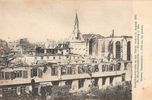 Eglise et orphelinat Sainte-Madeleine après l'incendie de 1904 (Carte postale Delcampe)