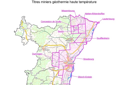 Les sites de géothermie profonde à haute température dans le Bas-Rhin. Source: DREAL