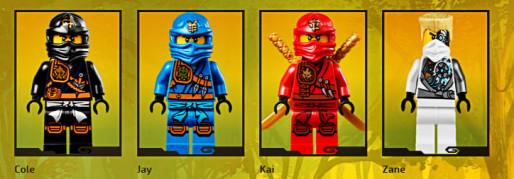 Quelques personnages de la nouvelle gamme Ninjago mise à l'honneur lors de ce jeu (capture d'écran Lego)