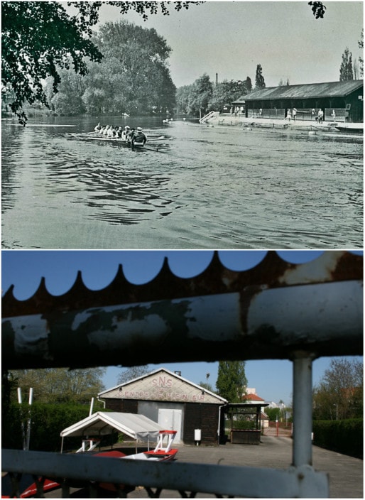 Aviron et bains du Herrenwasser (à droite) vers 1930 (DR) - hangar à bateaux le long de la piste cyclable actuelle (Photo MM / Rue89 Strasbourg)