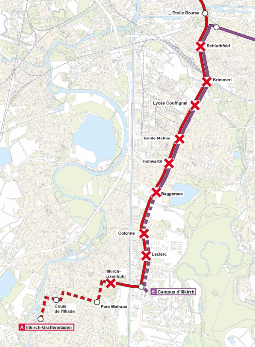 10 stations des lignes A et E vont être fermées à la circulation pendant une partie de l'été. (Carte de la CTS)