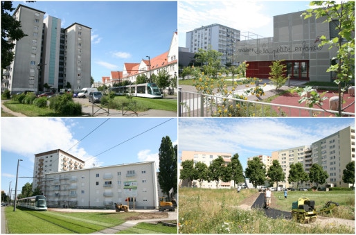 Avenue du Neuhof et alentours, dans le cadre de la rénovation urbaine : réhabilitation des espaces publics et des immeubles HLM et construction de nouveaux équipements, comme la maison de l'enfance ou l'espace culturel Django Reinhardt, allée Reuss (Photos MM / Rue89 Strasbourg)
