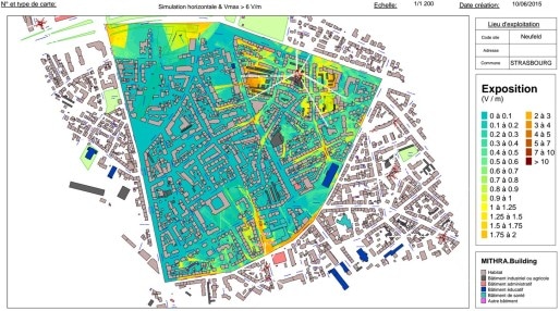 Le Neufeld à Strasbourg, en bleu les zones sous 0,5 volt par mètre (très faible exposition) (document CUS)