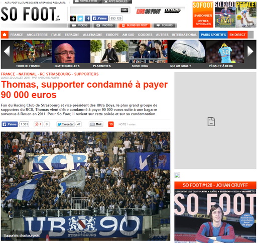 Thomas, fan du Racing Club de Strasbourg et vice-président des Ultra Boys, est condamné à payer 90 000 euros d'amence suite à une bagarre survenue en 2011.  (capture d'écran So Foot)