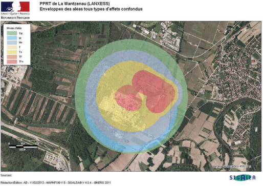 Zone de risques de l'entreprise Lanxess (Carte Prefecture du Bas-Rhin)