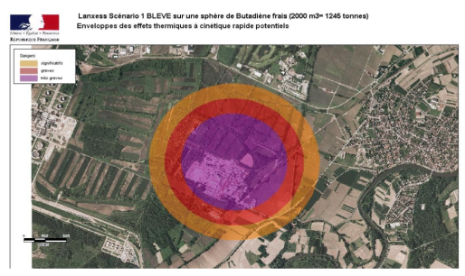 Zones du PPI en cas d'explosion d'une sphère de butadiène (doc préfecture du Bas-Rhin)
