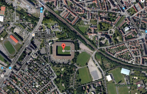 Plan du secteur autour du stade de la Meinau (Google map)