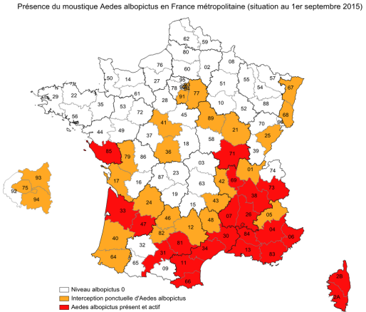 Carte de la prolifération du moustique tigre en France (Min. santé)