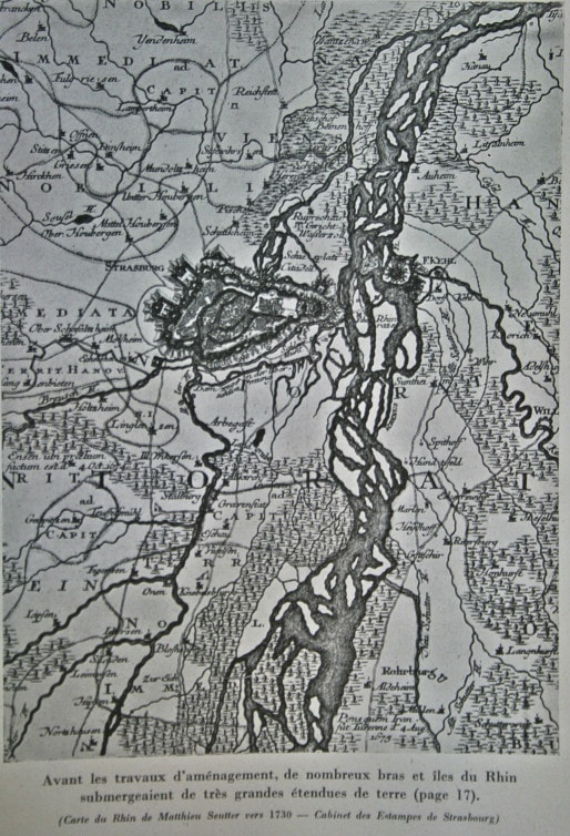 Carte des méandres du Rhin vers 1730 (Doc. PAS)