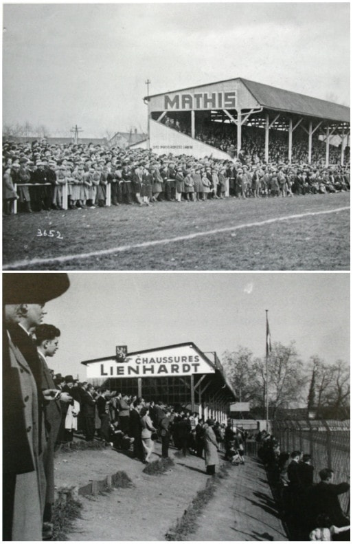 La "tribune assise", construire en 1921, est d'abord un support publicitaire pour les automobiles Mathis, sponsor du RCS, avant de faire la promotion des Chaussures Lienhardt (Doc. "Racing 100 ans")
