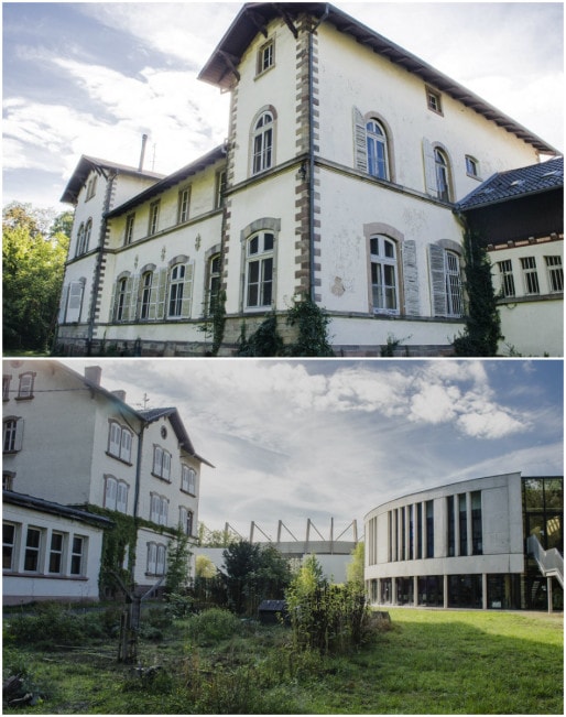 Ancien et nouveau bâtiments de l'Ecole d'instituteurs, avec vue sur les arcs stade et jardin partagé (Photos Quentin Bonvalot)