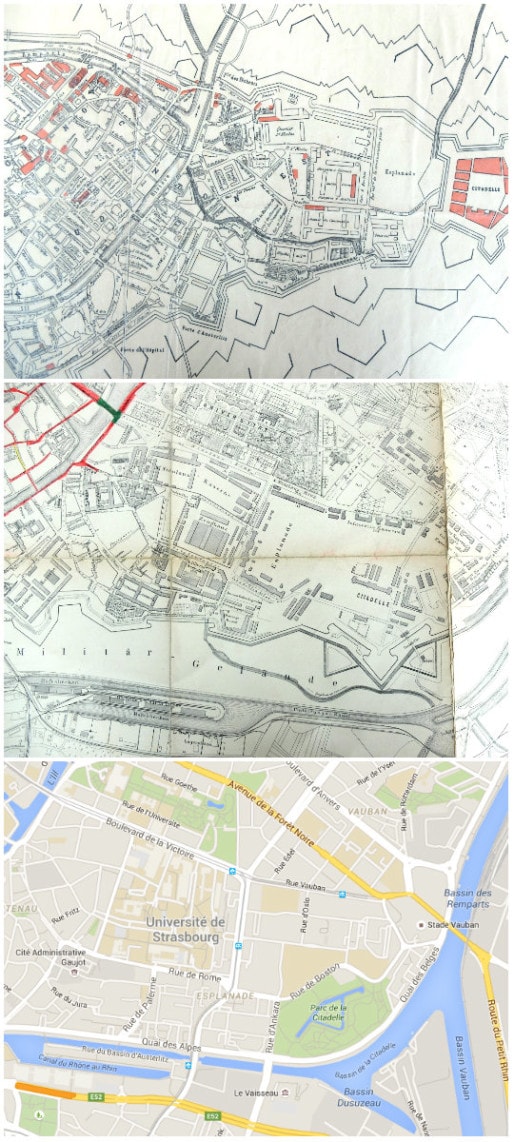 L'Esplanade avant 1870, fin XIXème sous le Reichland, et aujourd'hui (Collage MM)
