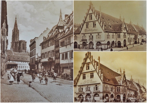 La douane devient une halle entourée d'échoppes dans le courant du XIXème siècle - "Markthalle" sous le Reich, puis "Marché du pont du Corbeau" dans l'Entre-deux-guerres - Vue verticale : perspective par la rue d'Or, avant le percement de la rue de la Première-Armée (Source Roger Forst "Il état une fois Strasbourg")