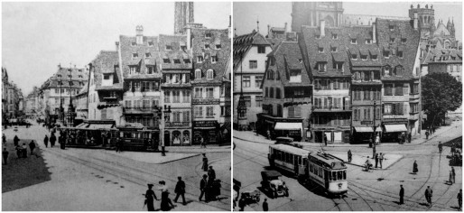 Place du Corbeau, avant démolition des maisons situées sur le quai des Bateliers face aux ancienne boucheries (Source : Roger Forst, "Il était une fois Strasbourg)