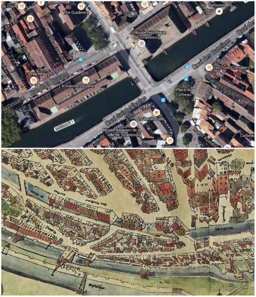 Photo aérienne de la rue de la Douane et du pont du Corbeau (Google map) - Plan Morant, 1548 (CRDP Strasbourg)