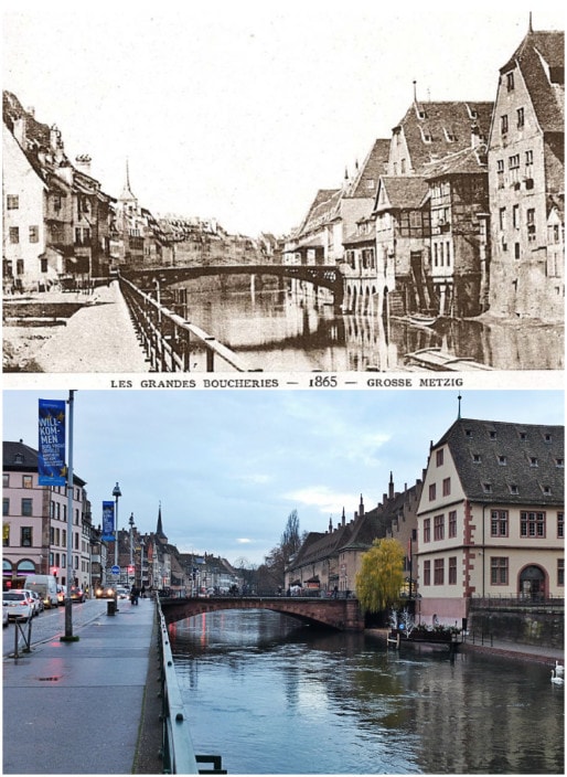 Le pont du Corbeau en 1865 (Archi-Strasbourg) - Même vue en 2015, les maisons à gauche, côté Bateliers, ont disparu (Photo MM / Rue89 Strasbourg)