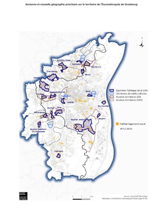 Strasbourg et l'évolution des quartiers prioritaires de la ville. (CUS/DUAH/S.Géomatique/Etude et Usage de l'IG/cadre du contrat de ville de l'Eurométropole/cc)