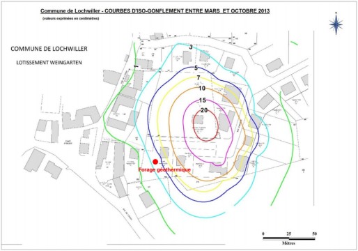 Courbes d’iso-gonflement (en cm) construites à partir des levés topographiques de mars et octobre 2013 (Archimed / Dreal Alsace)