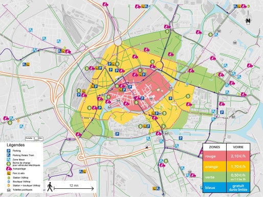Les trois zones de stationnement payant à Strasbourg. (document strasbourg.eu)
