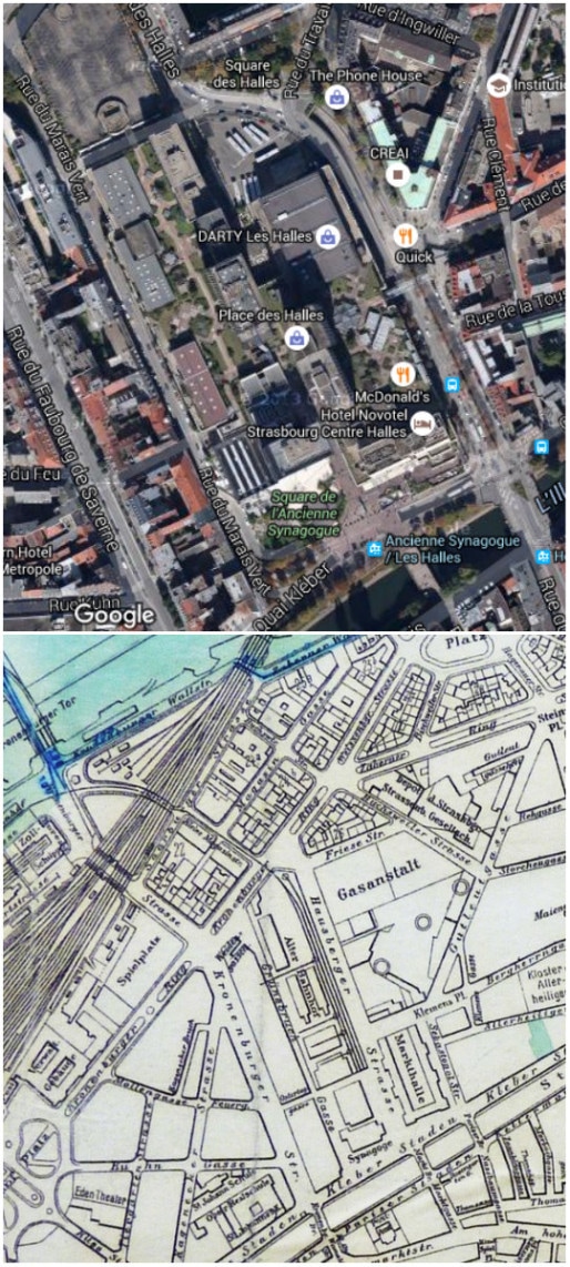 Plan du secteur des Halles (Google map) - Plan de 1914 (Archives Strasbourg citées par ArchiWiki)