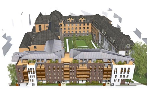Vu d'ensemble du site de Sainte Odile après travaux, avec les logements neufs de Scharf Immobilier et Vauban Immobilier au premier plan. (Doc remis)