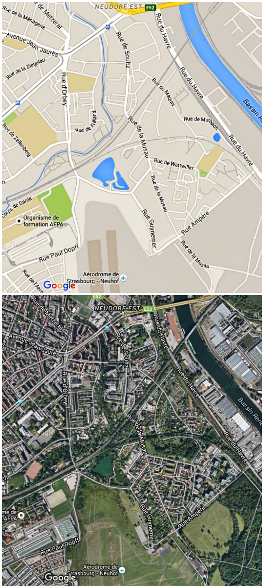 Plan du quartier de la Musau, avec comme épine dorsale les rues de Soultz et de la Musau (Google map)